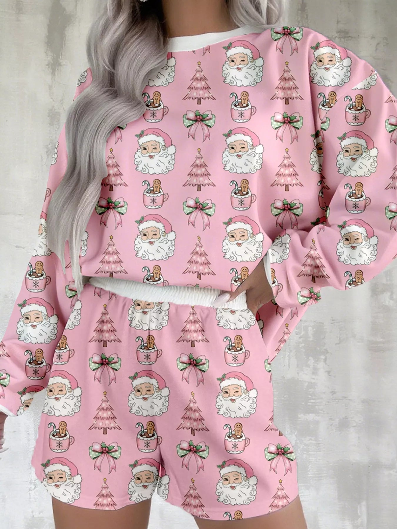 Christmas Santa Print Round Neck Top and Shorts Lounge Set in Dusty Pink for Women