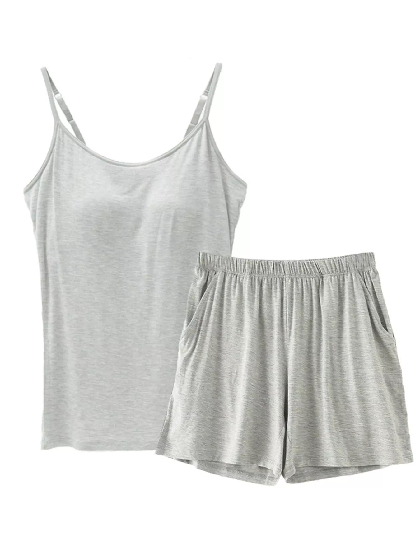 Plus Size Modal Adjustable Strap Padded Cami and Shorts Set in Khakis for Women