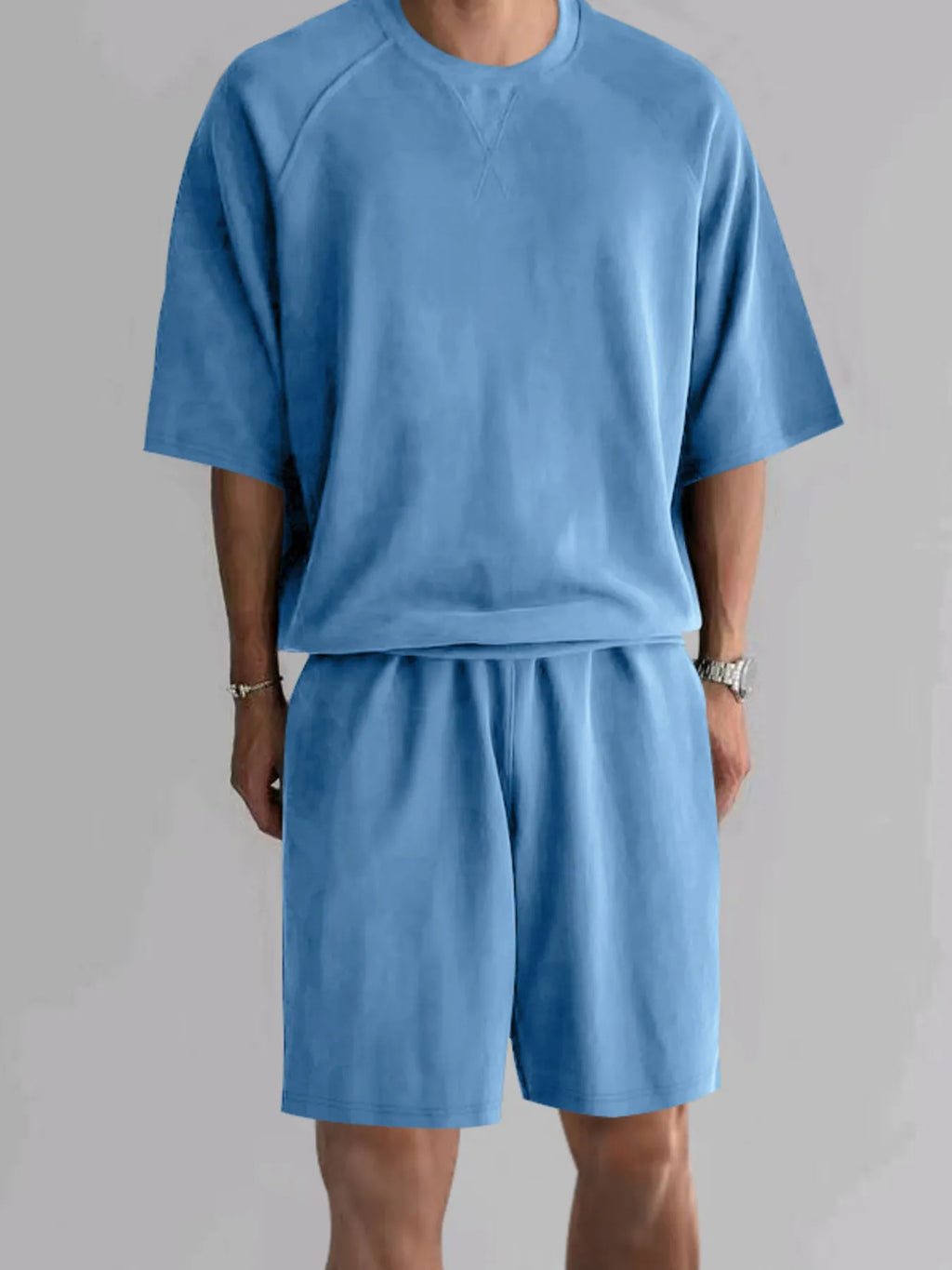 Round Neck Top and Shorts Set Plus Size in Black for Men