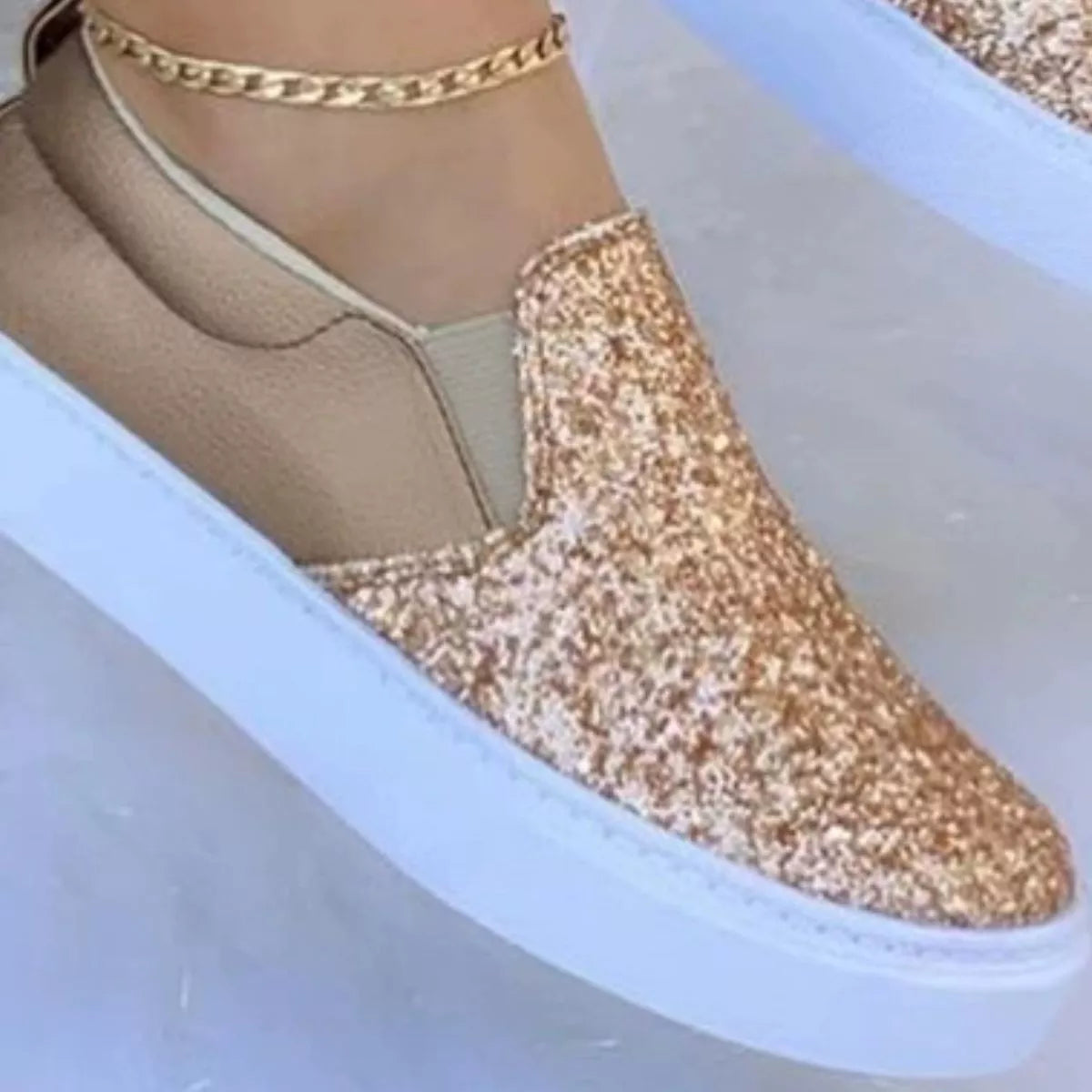 Sequin Round Toe Platform Slip-Ons in Black for Women