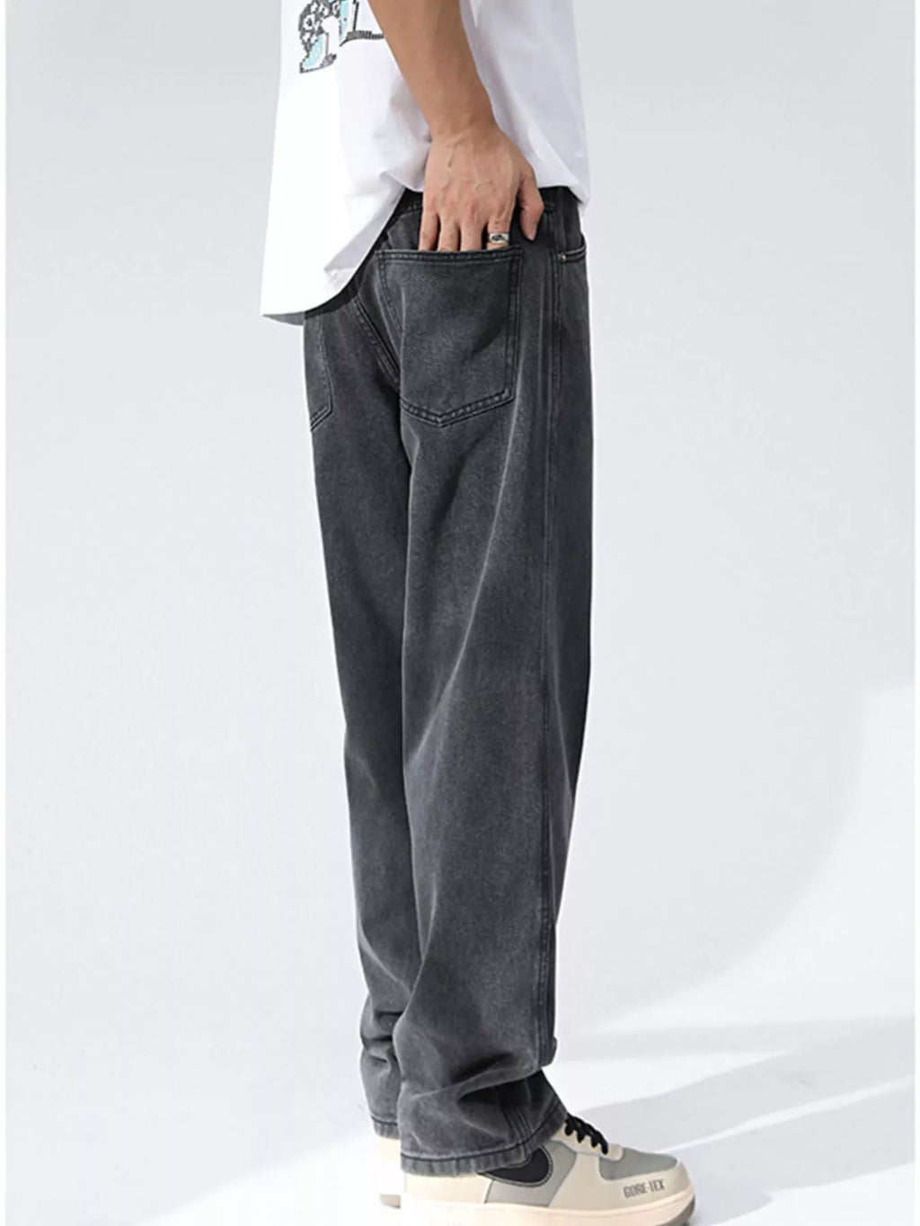 Wash Relaxed Fit Wide Leg Jeans in Black and Gray for Men