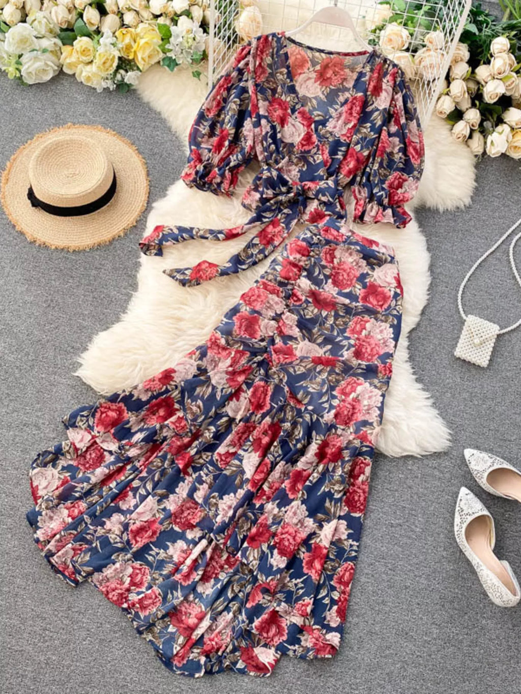Floral Print Crop Top and Skirt Set for Women