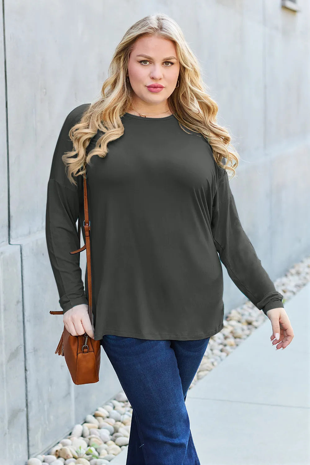 Plus Size Round Neck Dropped Shoulder T-Shirt for Women