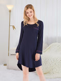 Round Neck Night Dress with Pocket in Dark Navy for Women