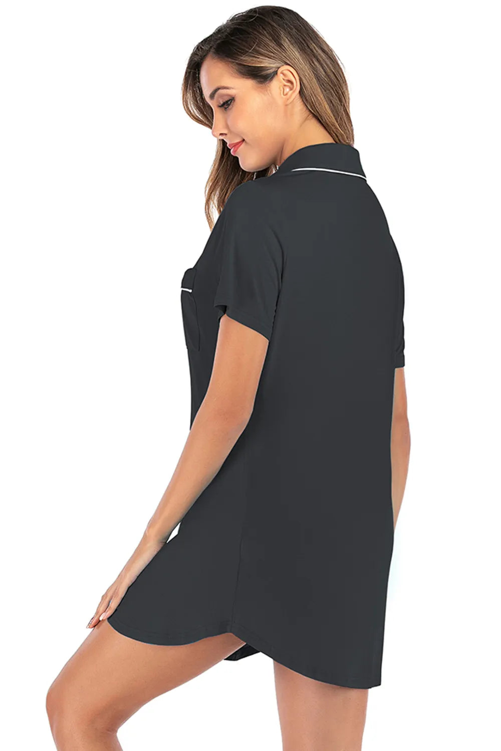 Contrast Piping Pocketed Short Sleeve Lounge Dress in Black for Women