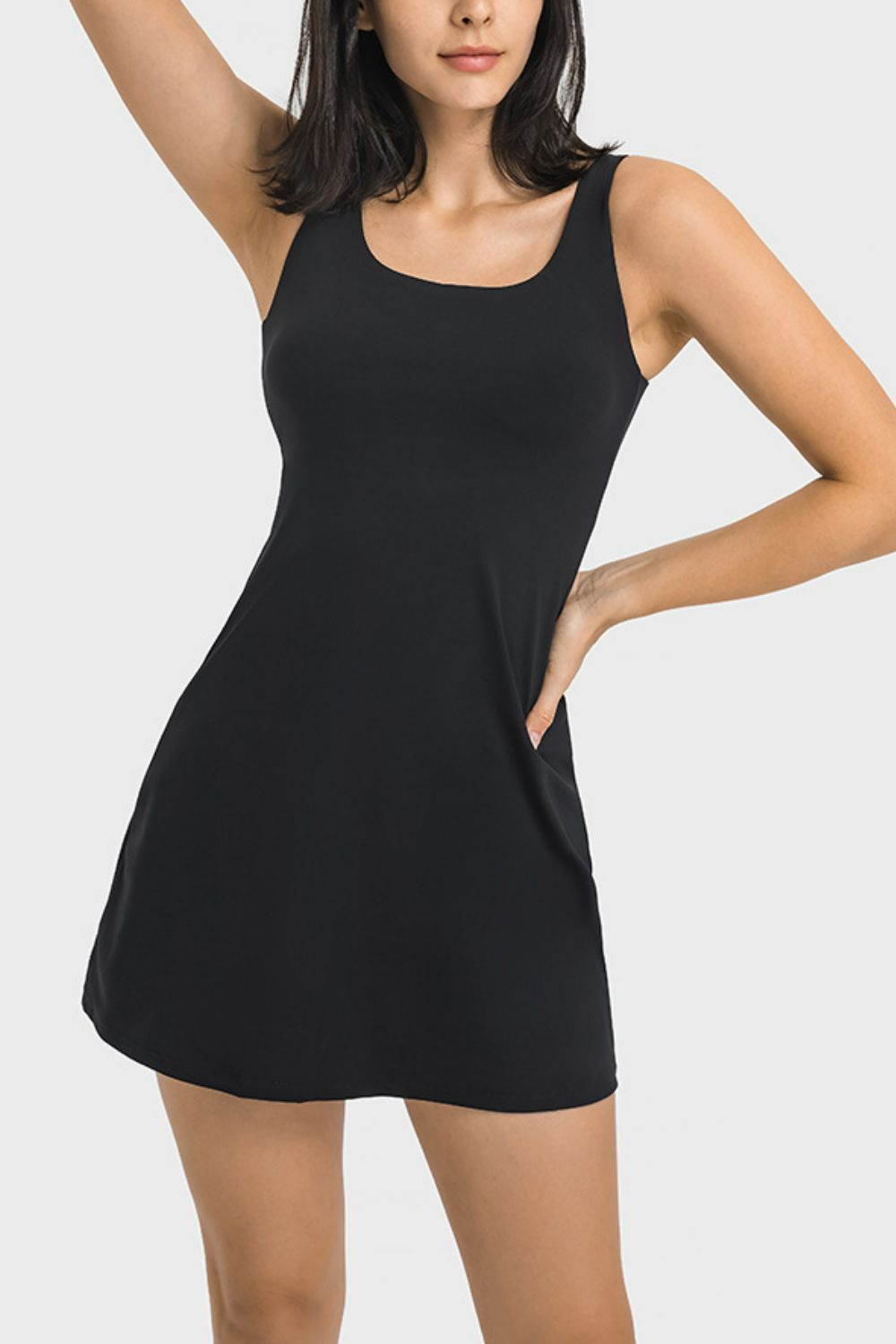 Square Neck Sports Tank Dress with Full Coverage Bottoms in White for Women