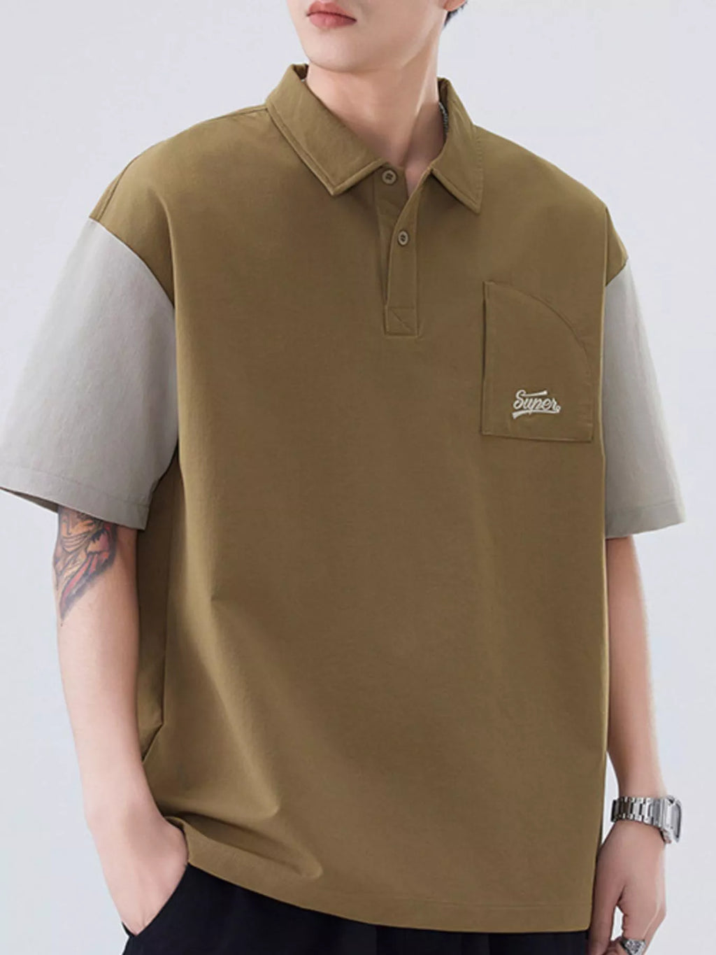 Plus Size Button Detail Short Sleeve Casual Polo in Black for Men