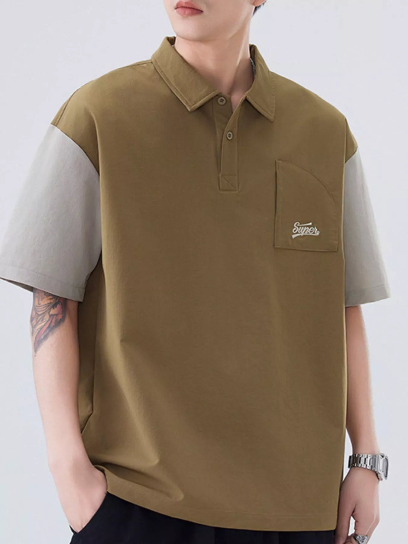 Plus Size Button Detail Short Sleeve Casual Polo in Black for Men