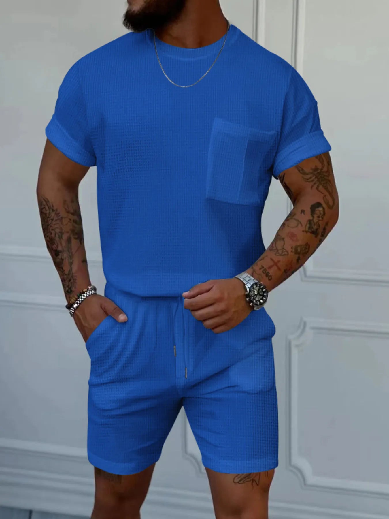Round Neck Short Sleeve Top and Shorts Set Plus Size in Classic in White for Men