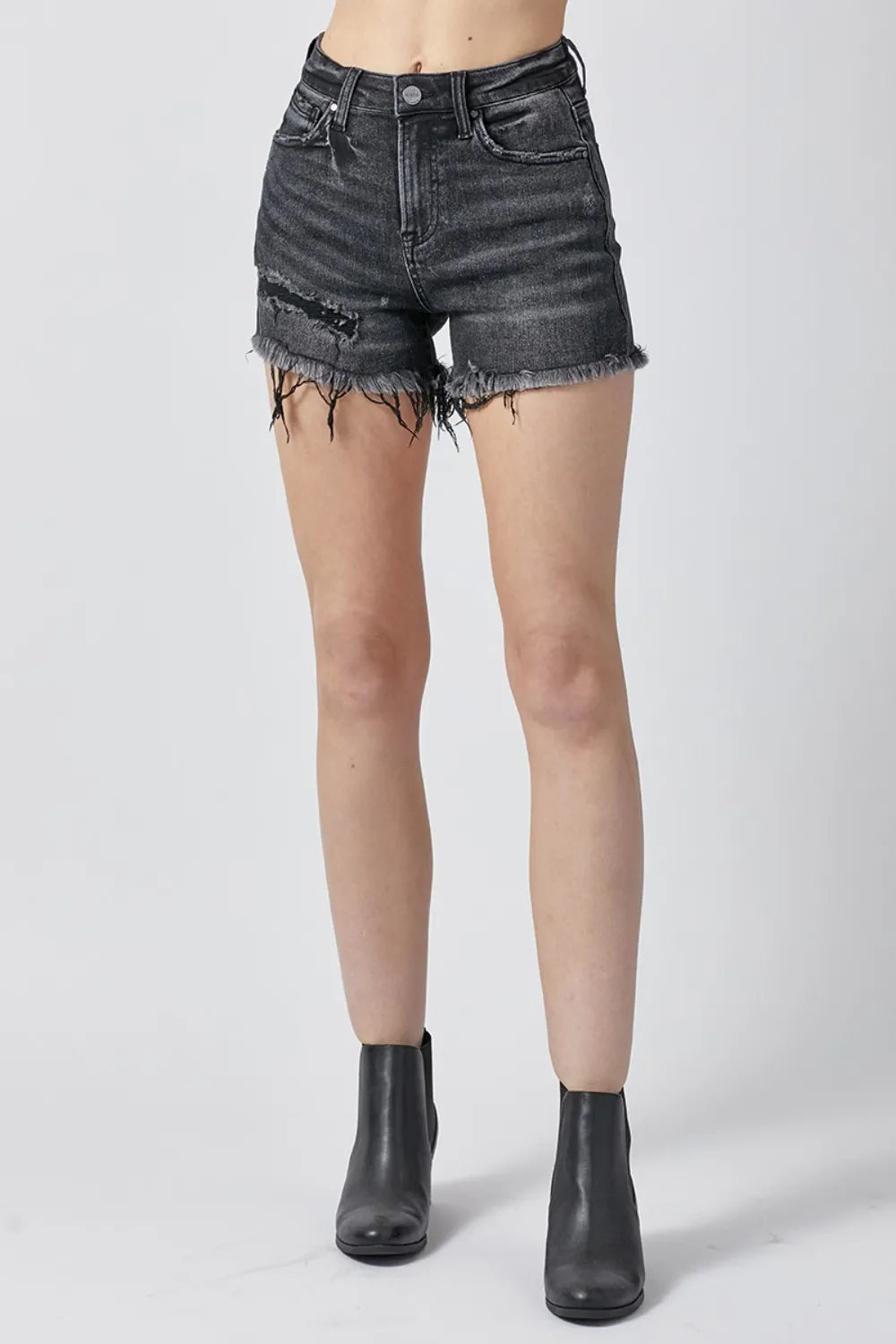 Raw Hem Denim Shorts with Pockets in Black for Women