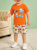 Tractor & Firetruck Print Casual Tee and Shorts Set in Orange for Boys