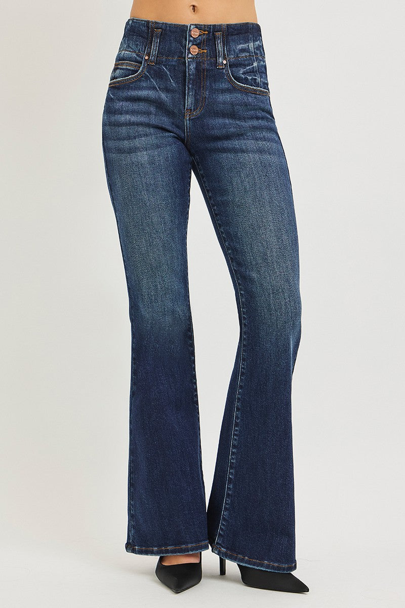 High Rise Flare Jeans with Seam Detail Waistband in Dark for Women