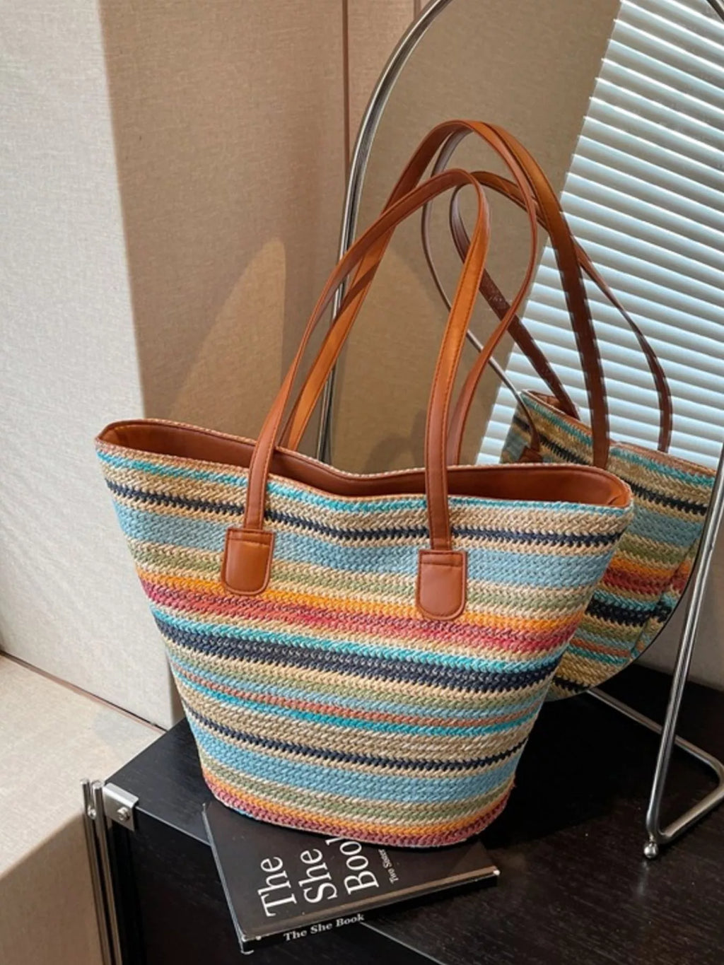 Striped Woven Shoulder Bag for Women