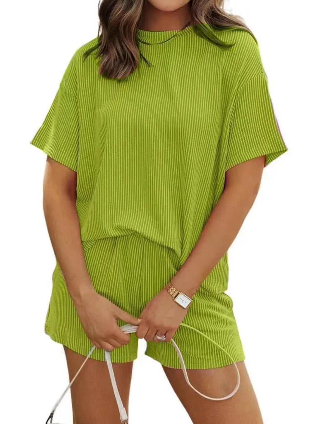 Ribbed Short Sleeve Top and Shorts Two-Piece Set Plus Size in Black for Women