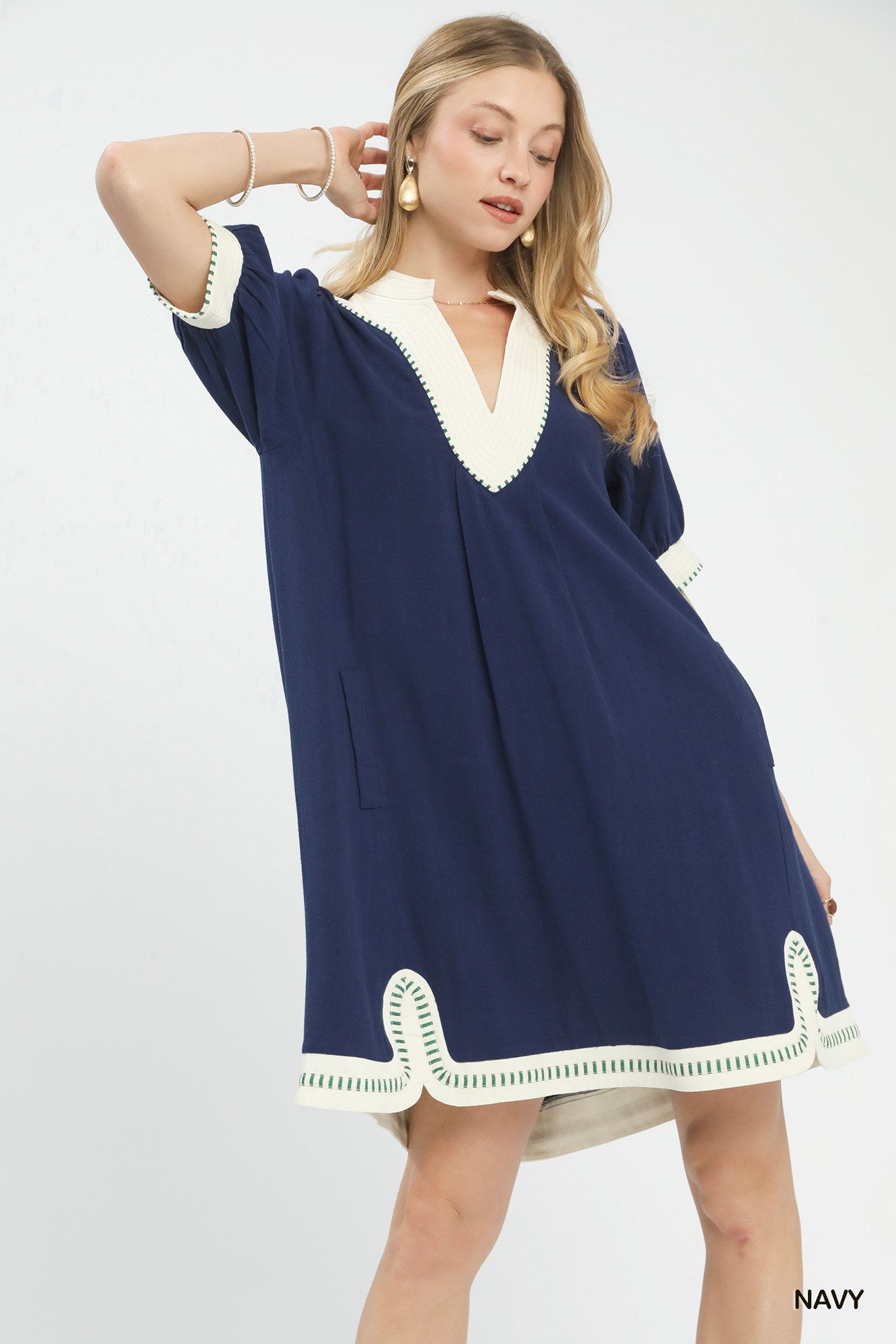 Linen Contrast Trim Midi Dress in Navy for Women