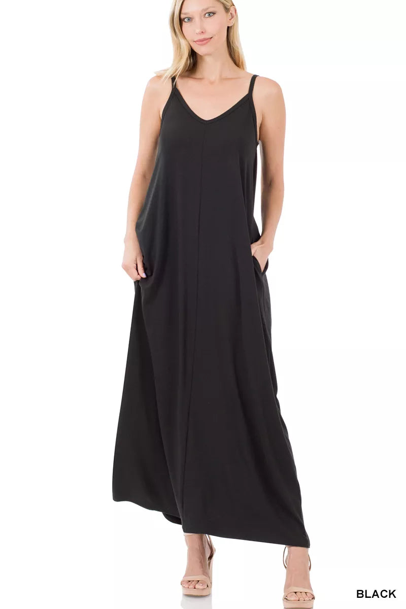V-Neck Cami Maxi Dress with Side Pockets in Black for Women