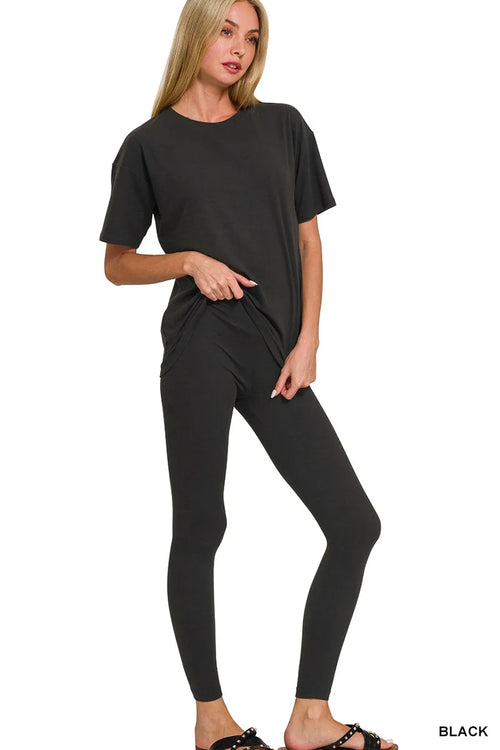 Brushed Dty Microfiber Short Sleeve Top and Pants Loungewear Set Plus Size in Black for Women