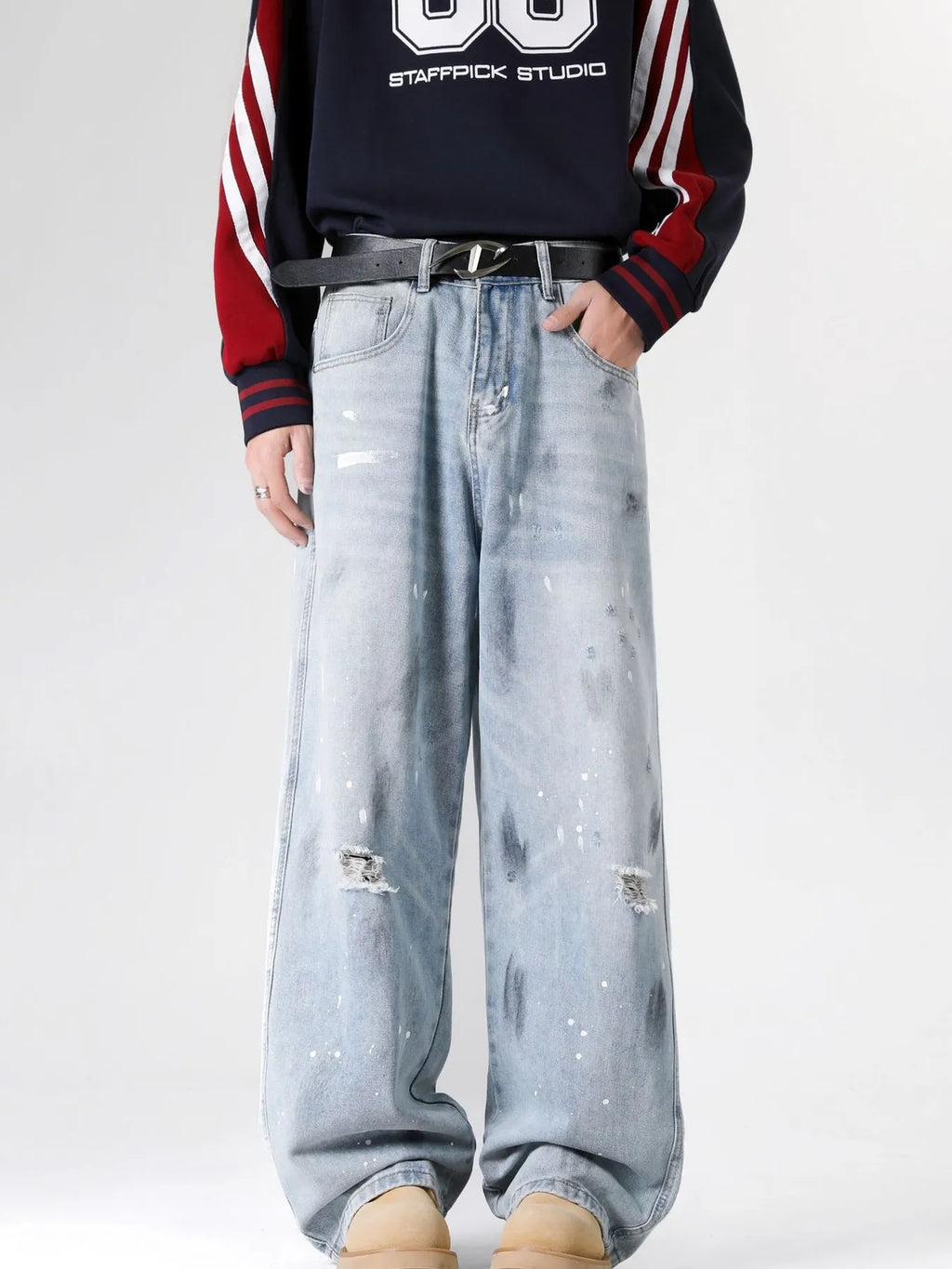 Distressed Wide Leg Jeans Plus Size in Classic in Light Blue for Men