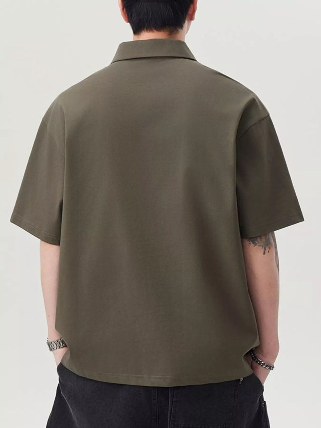 Plus Size Button Detail Short Sleeve Polo in Military Green in Dark Gray for Men