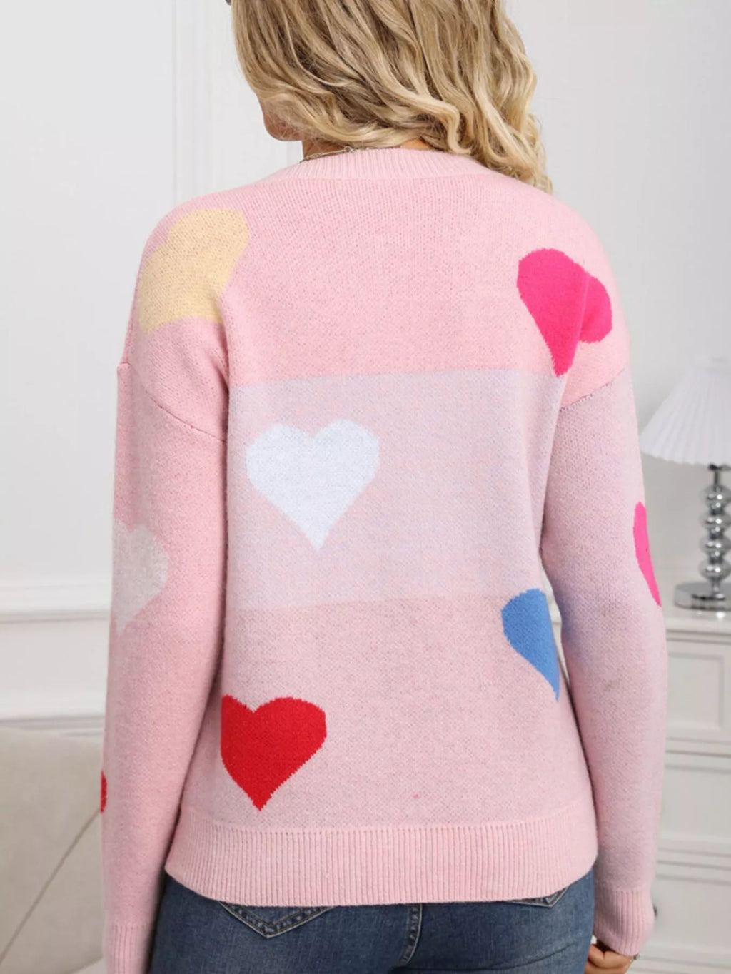 Valentines Day Heart Round Neck Dropped Shoulder Sweater in Pink in Gray White for Women