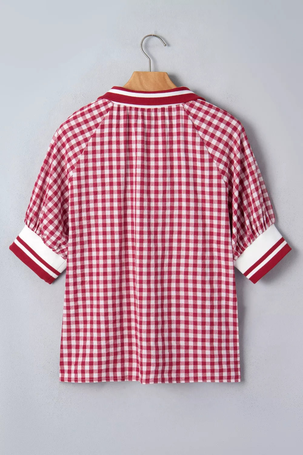 Gingham Puff Sleeve Quarter Zip Blouse for Women