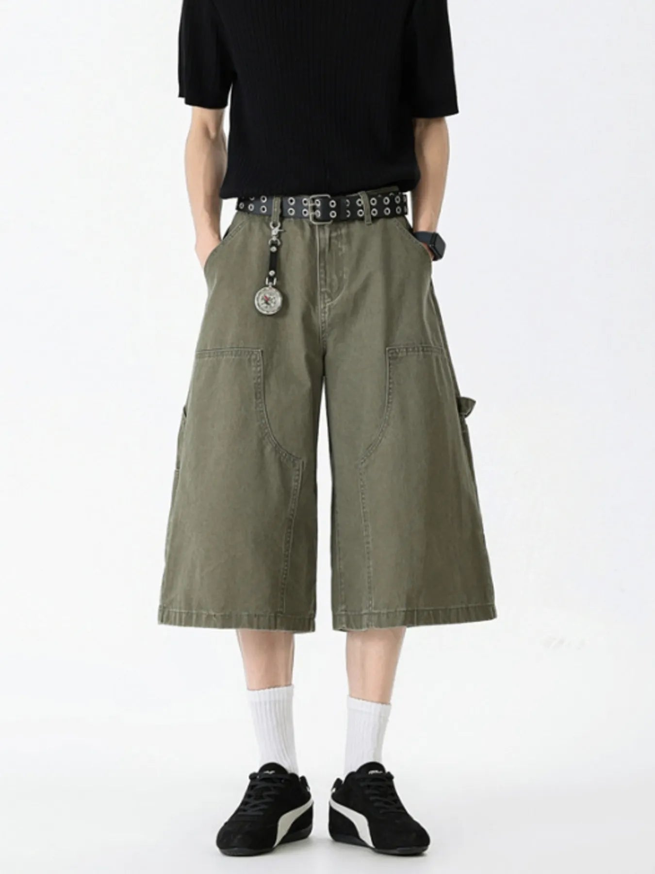 Wide Leg Cargo Denim Shorts Plus Size in Military Green for Men