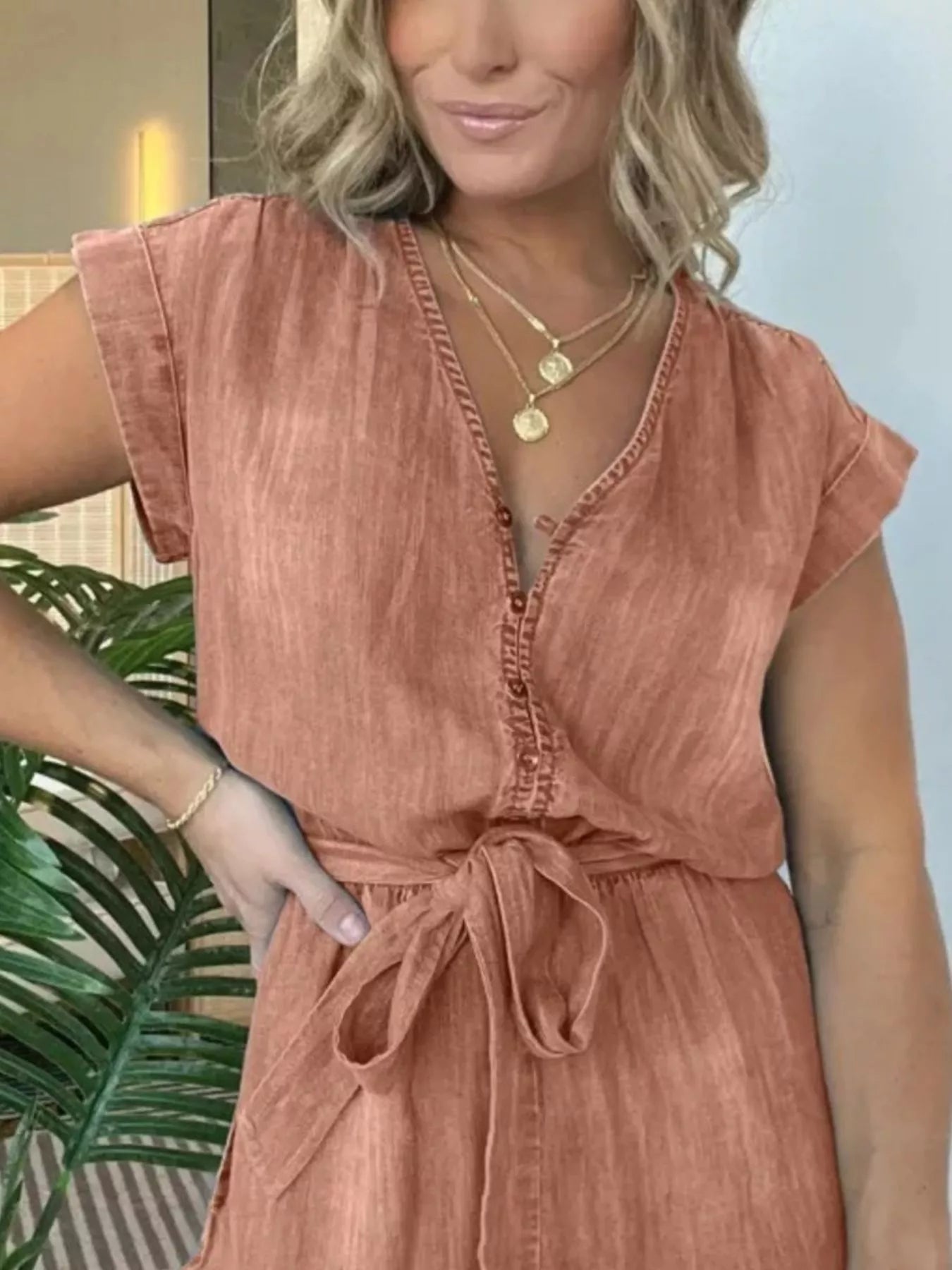Plus Size Tie Waist Cap Sleeve Romper in Blue for Women