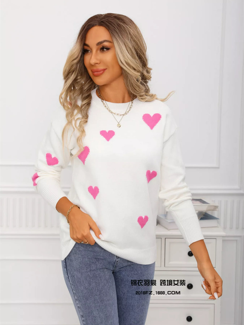 Valentines Day Heart Print Round Neck Sweater for Women