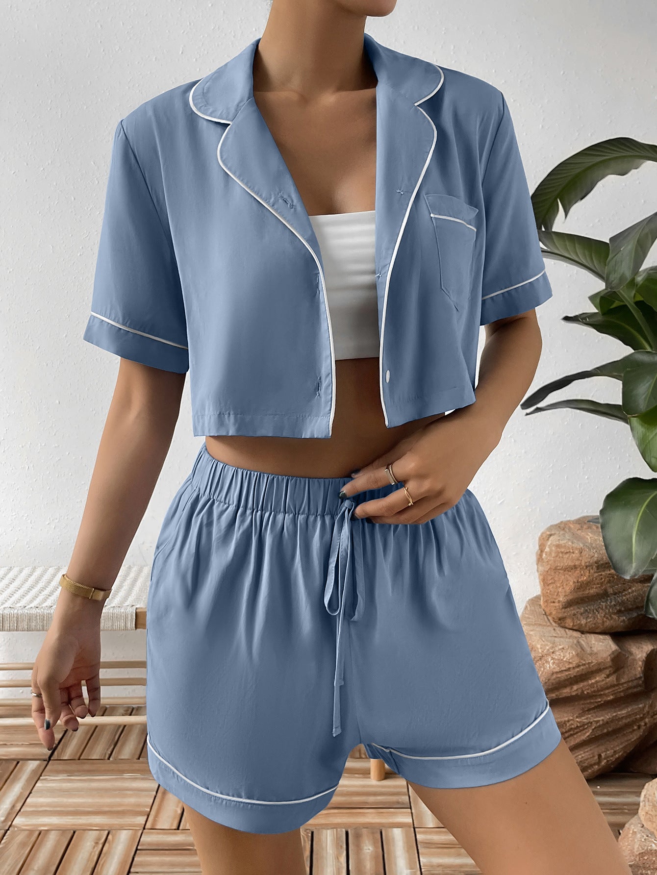 Ivy Lane Contrast Lapel Collar Cropped Shirt and Shorts Lounge Set in Light Blue for Women