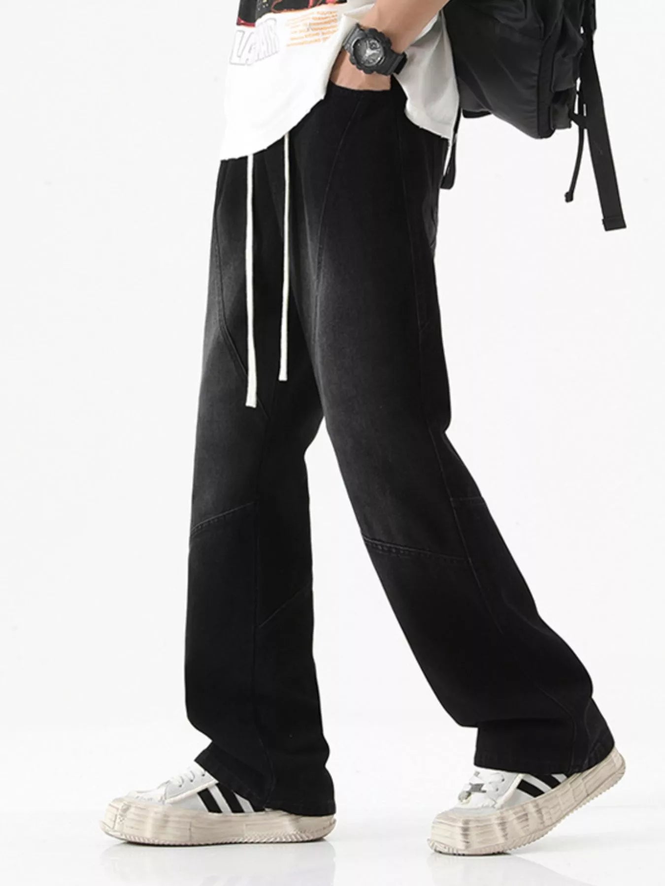 Drawstring Wide Leg Jeans Plus Size in Black in Ash for Men