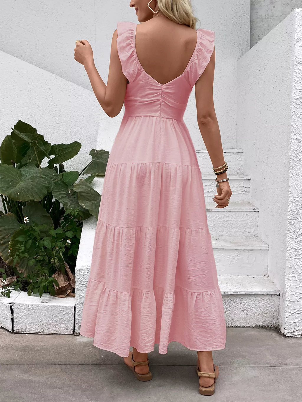 V-Neck Tiered Dress with Flutter Sleeves for Women