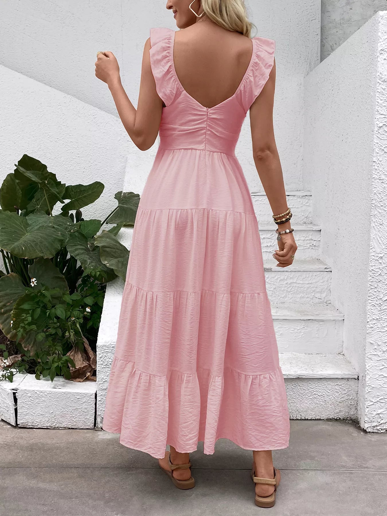 V-Neck Tiered Dress with Flutter Sleeves for Women
