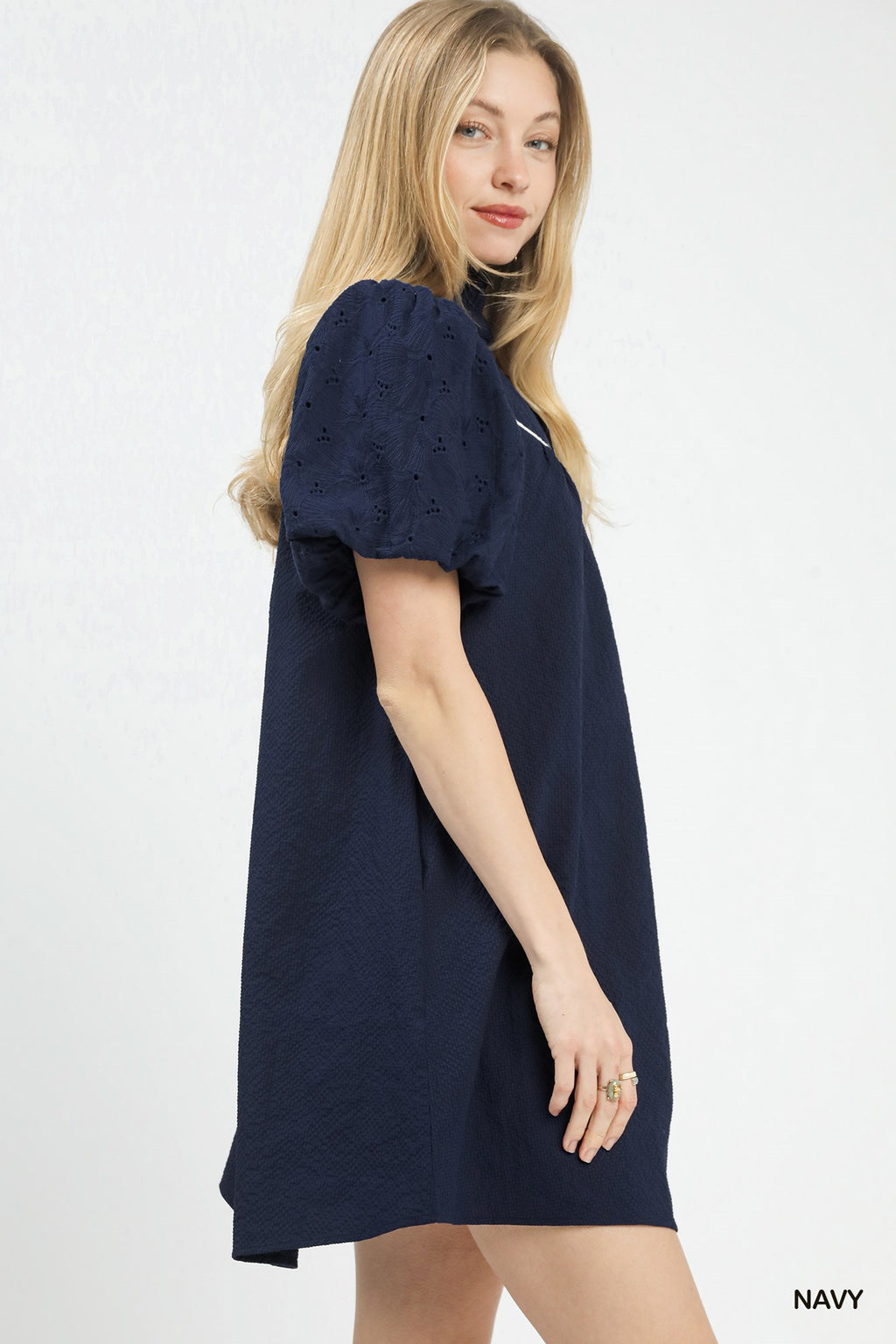 Puff Sleeve Textured Babydoll Dress in Navy for Women