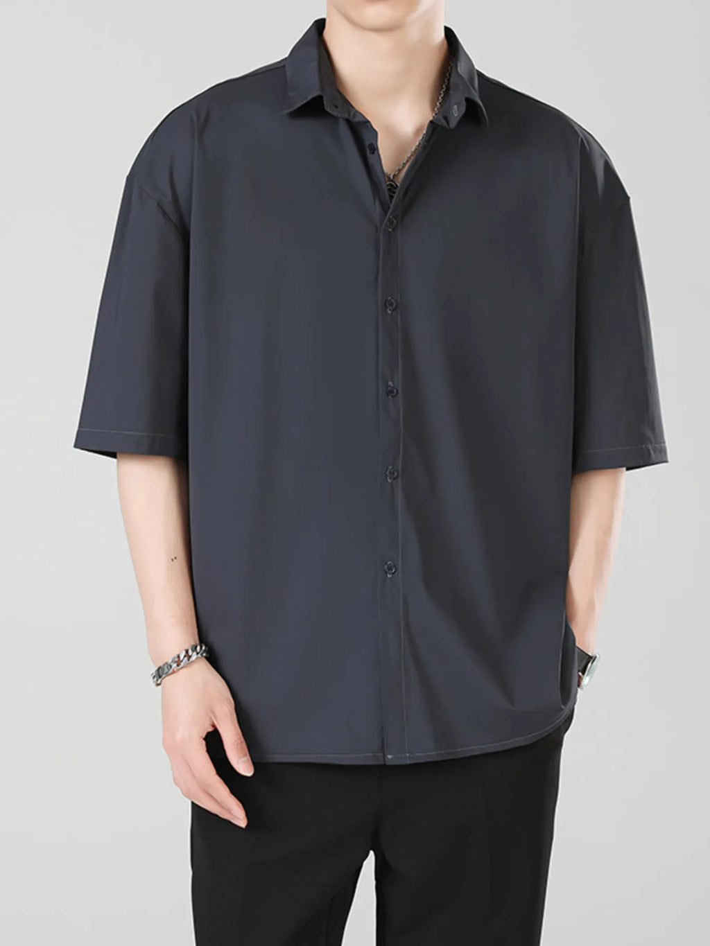 Button Up Short Sleeve Shirt Plus Size in Black for Men