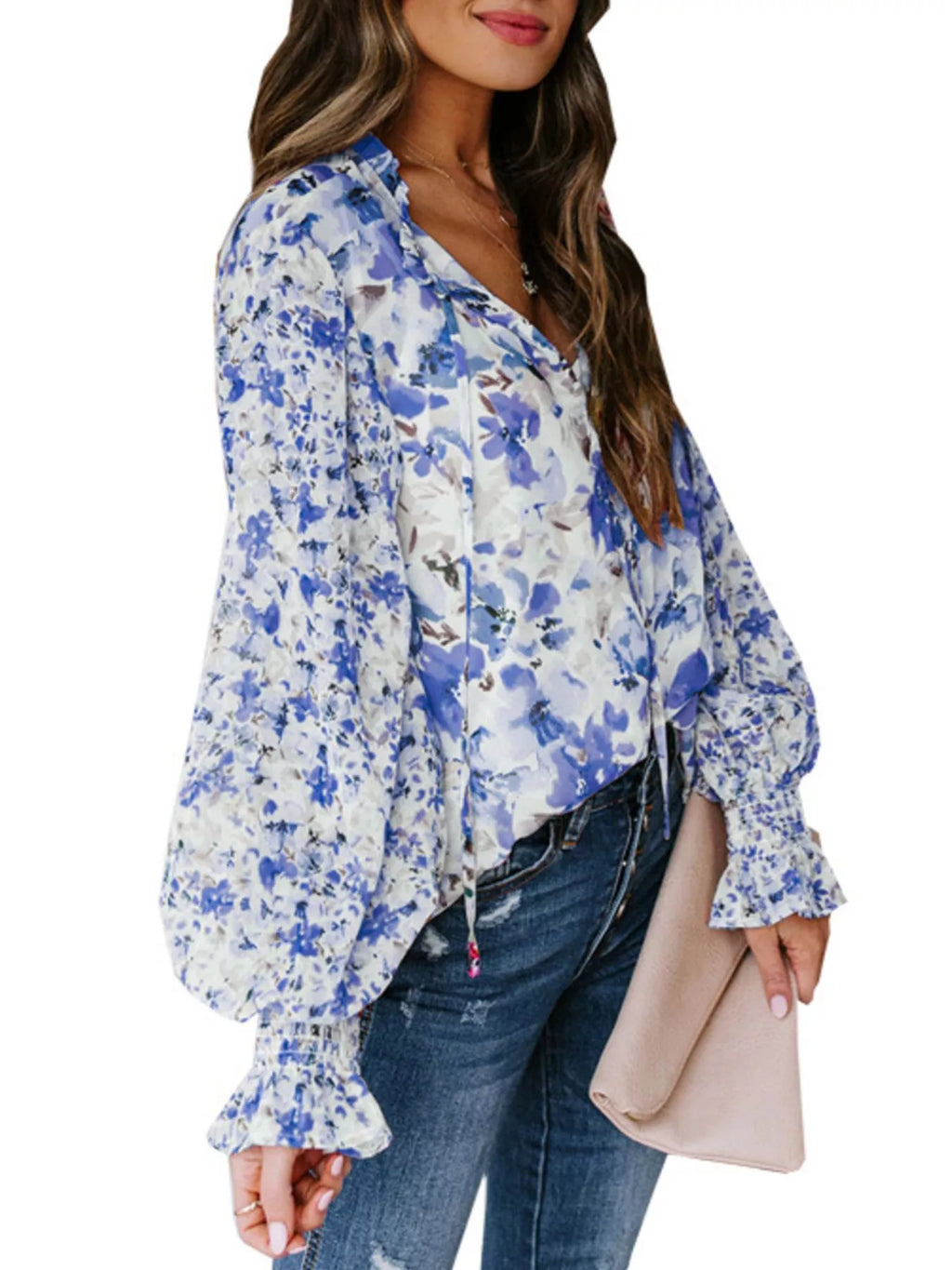 Floral Print Smocked Cuff Blouse Plus Size in Rose Red for Women