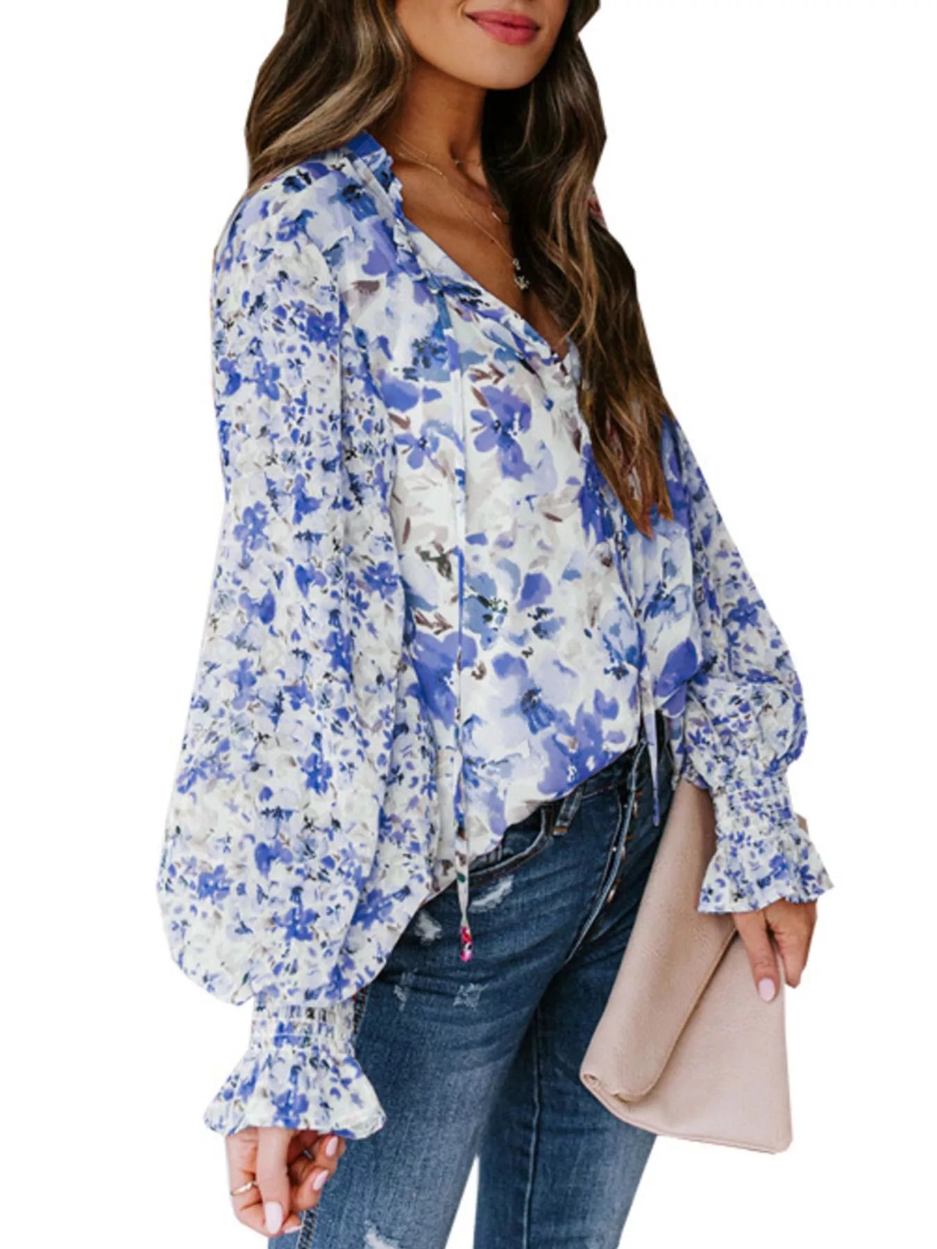Floral Print Smocked Cuff Blouse Plus Size in Rose Red for Women
