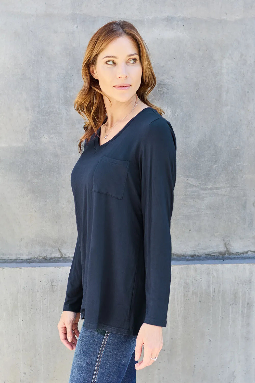 Plus Size V-Neck Long Sleeve Top in Dark Blue for Women