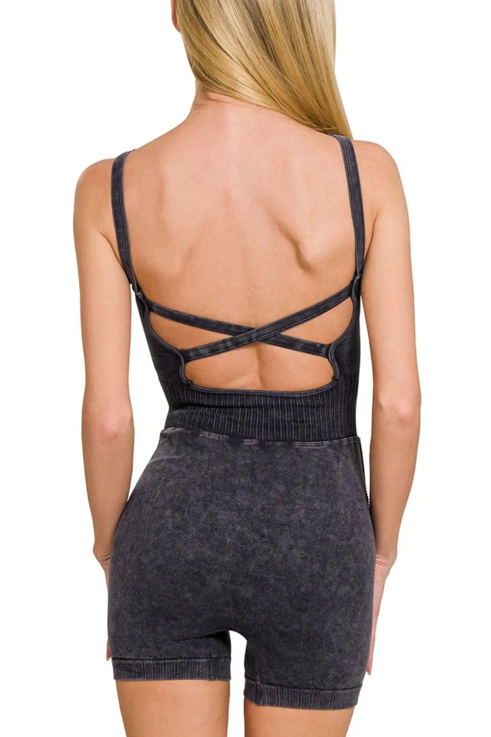 Washed Sports Romper with Removable Bra Pad for Women