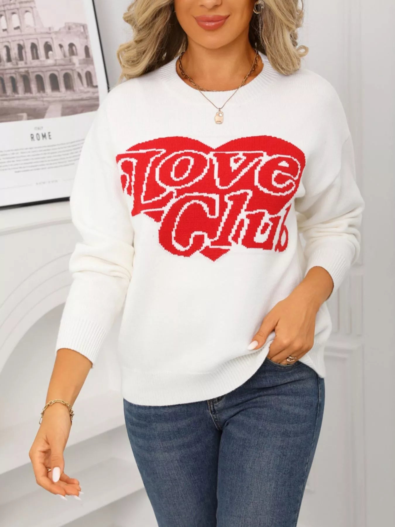 Valentines Day Love Club Heart Graphic Sweater in White for Women
