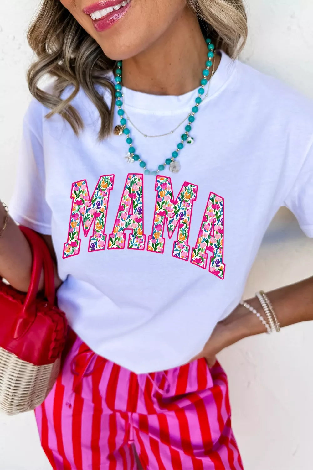 Floral Mama Graphic Casual Short Sleeve T-Shirt Plus Size in White for Women