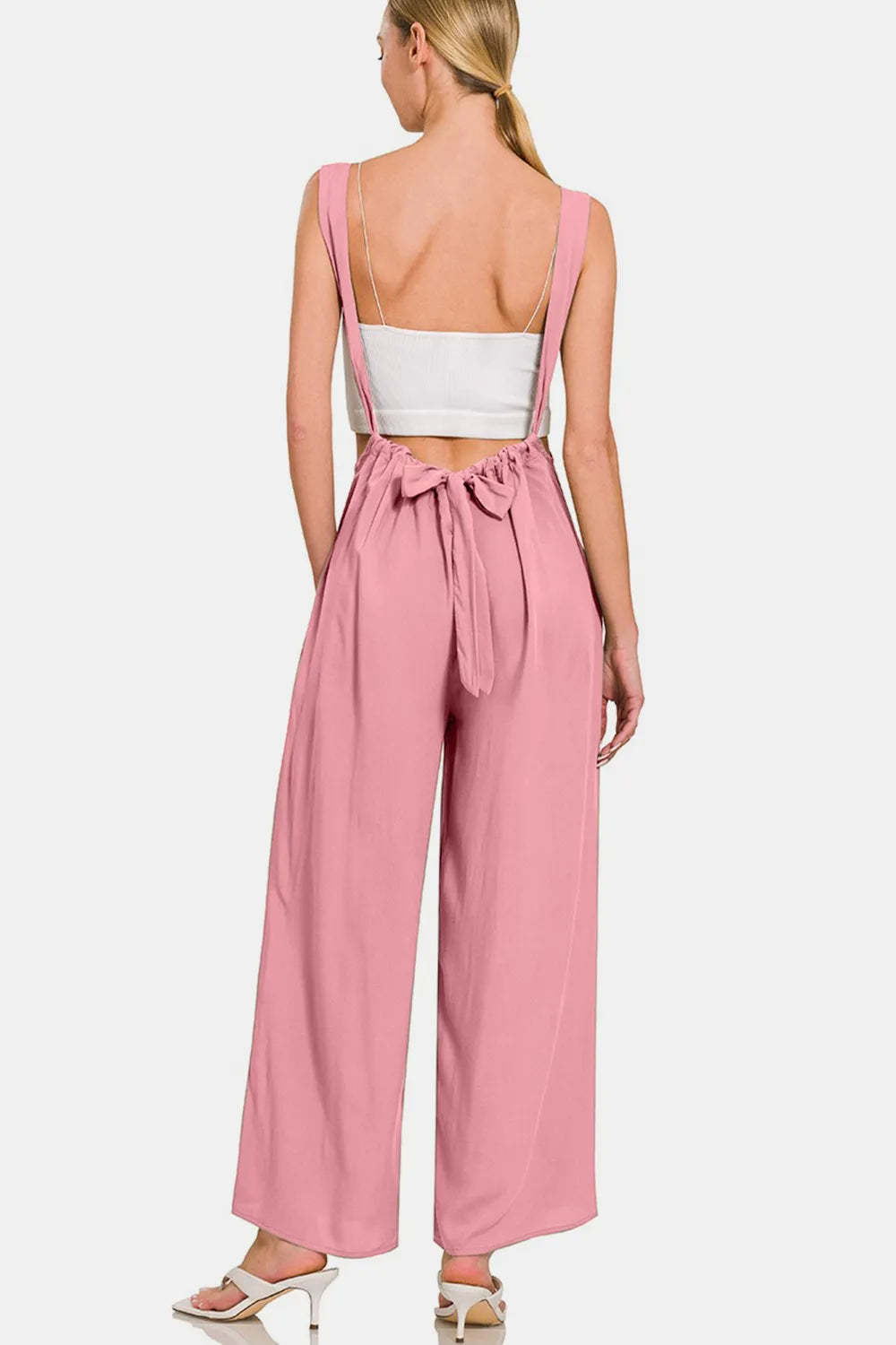 Pocketed Wide Strap Wide Leg Overalls in Light Rose for Women