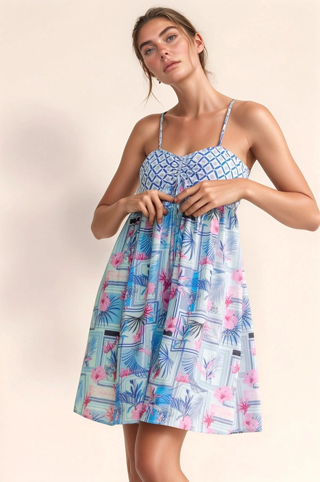 Tropical Floral Geo Print Tie Back Tube Top Romper in Blue Pink for Women