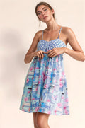Tropical Floral Geo Print Tie Back Tube Top Romper in Blue Pink for Women