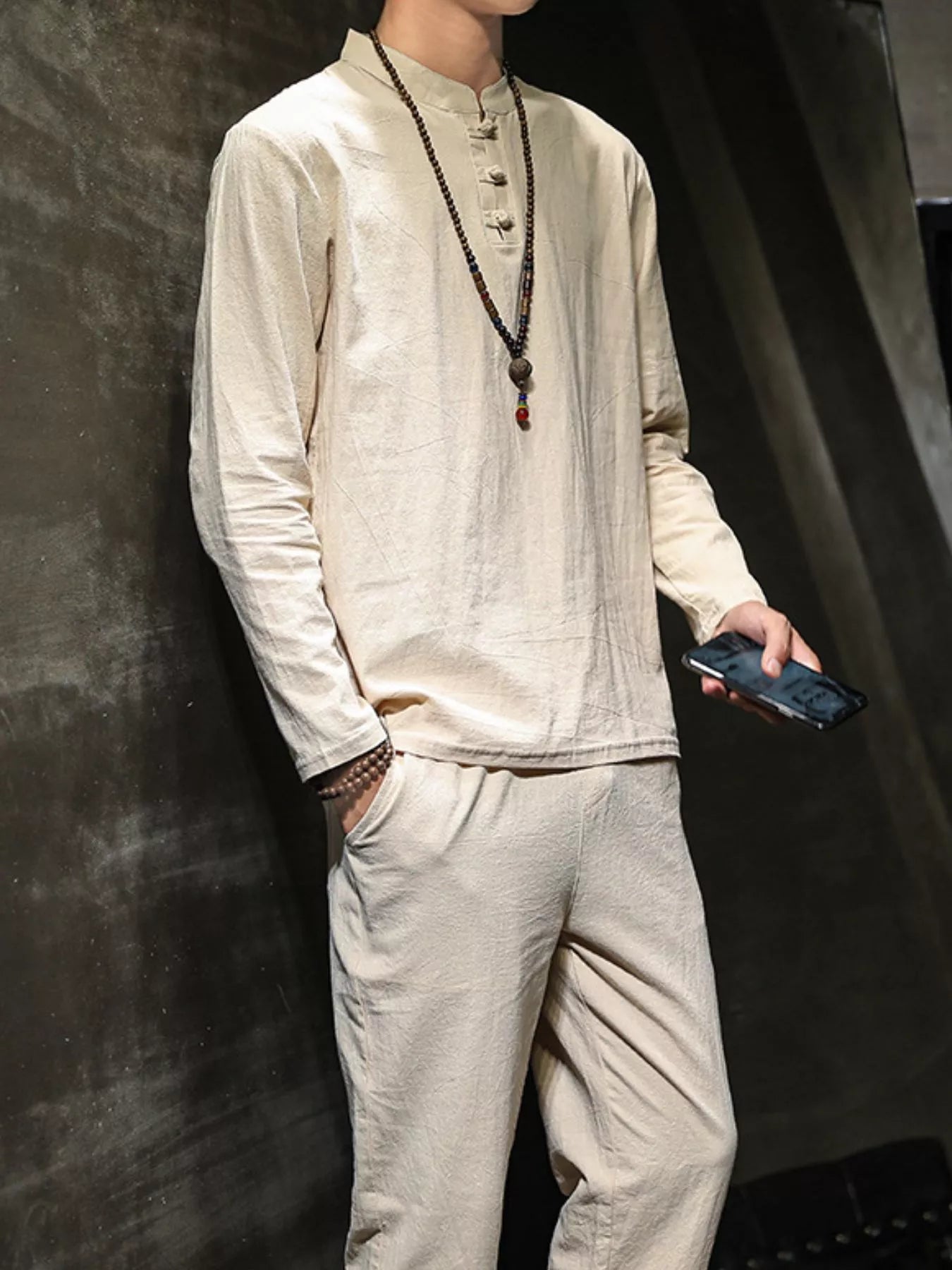 Plus Size Button Detail Long Sleeve Top and Pants Set in Khaki for Men