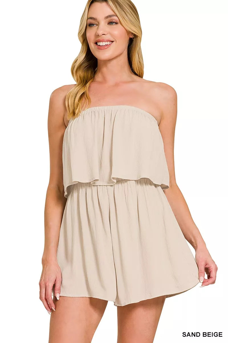 Woven Crinkle Strapless Rompers in Sand Beige for Women