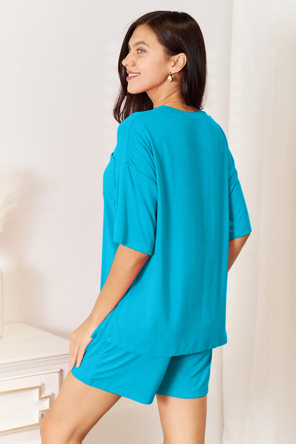Plus Size Soft Rayon Half Sleeve Top and Shorts Set in Sky Blue for Women