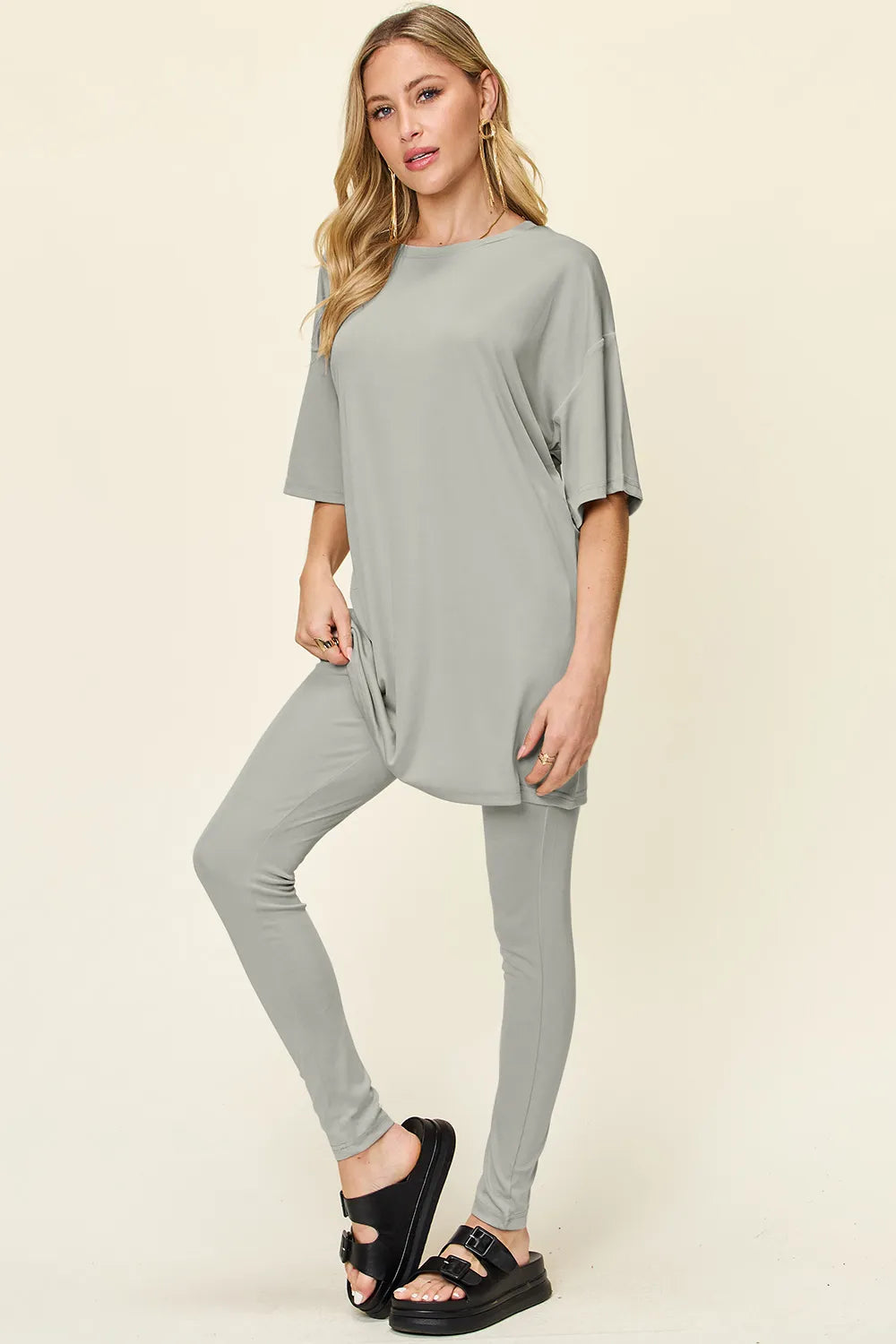 Plus Size Round Neck Dropped Shoulder T-Shirt and Leggings Set in Mocha for Women