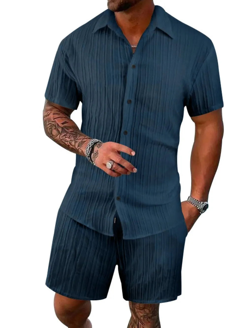 Button Down Short Sleeve Shirt and Shorts Set Plus Size in Gray for Men