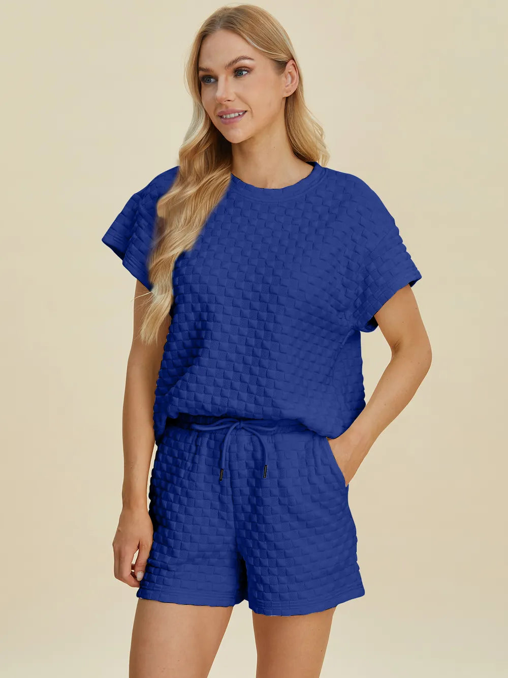 Plus Size Texture T-Shirt and Shorts Set in Royal Blue for Women
