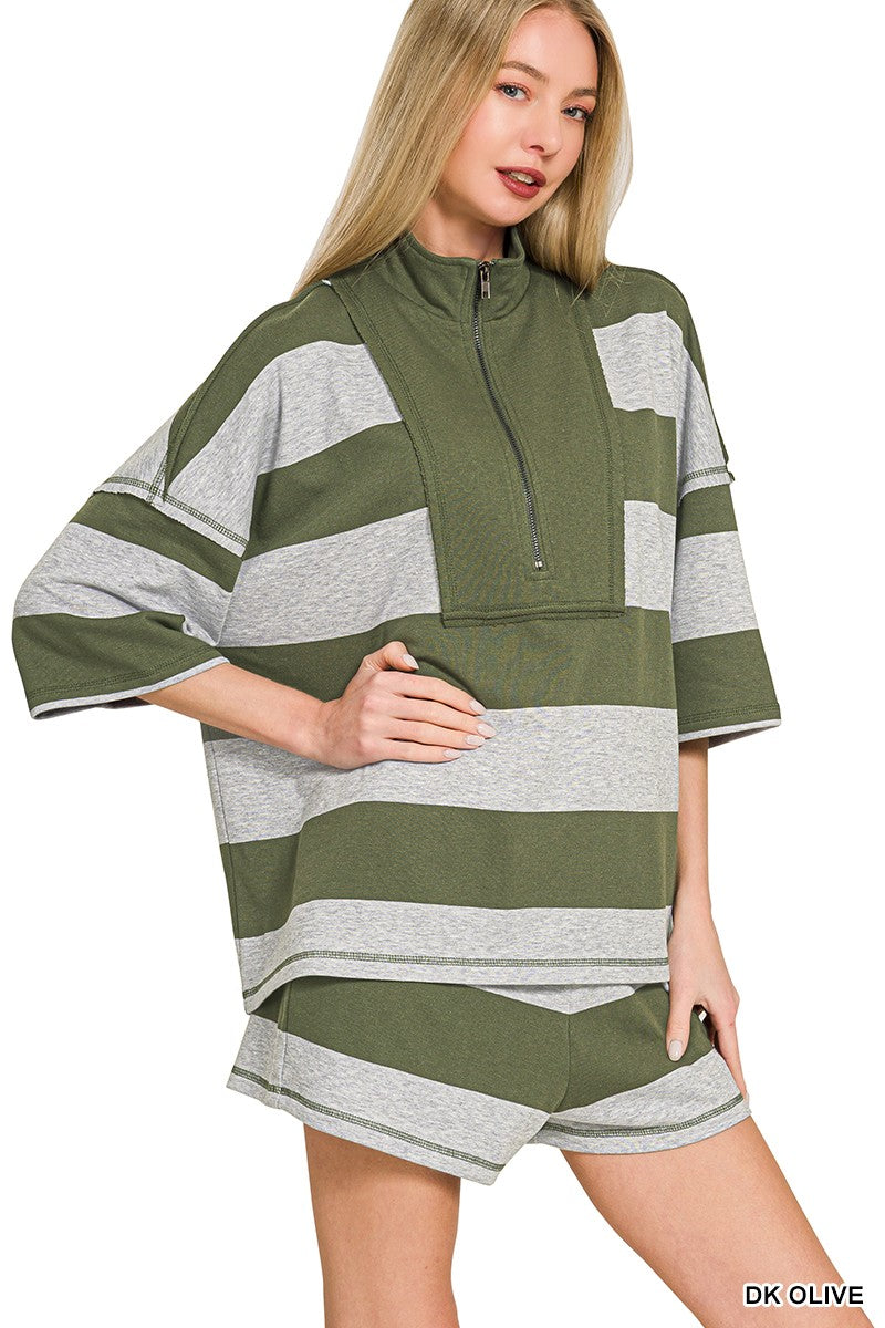Frenchterry Striped Half Zip Top & Shorts Set in Dark Olive for Women